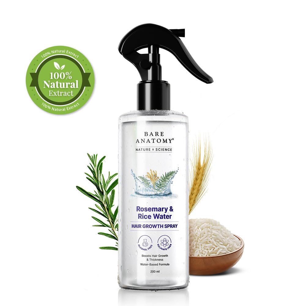 Bare Anatomy Nature x Science Rosemary Water Spray for Hair Growth & Hair Thickness with Rice Water |100% Natural Extract | Soft & Smooth Hair| Controls Hairfall| Non-Greasy & Fast Absorbing | 200 ml