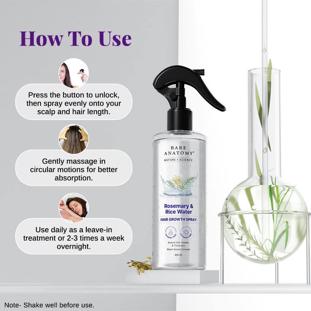 Bare Anatomy Nature x Science Rosemary Water Spray for Hair Growth & Hair Thickness with Rice Water |100% Natural Extract | Soft & Smooth Hair| Controls Hairfall| Non-Greasy & Fast Absorbing | 200 ml
