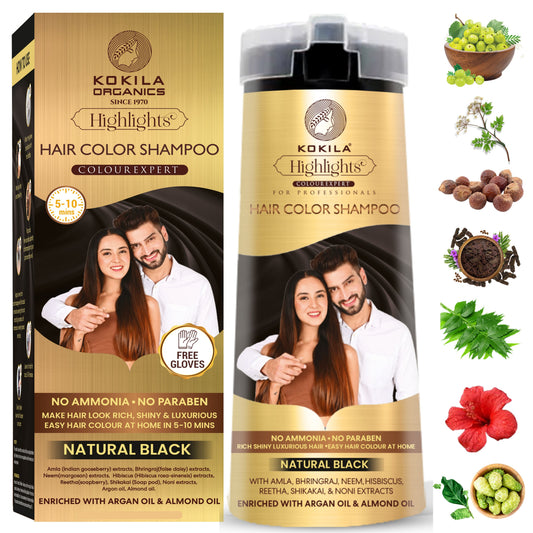 Kokila Hair Color Shampoo - Natural Black for Men & Women | No Ammonia - No Paraben | 10 Pair Free Gloves