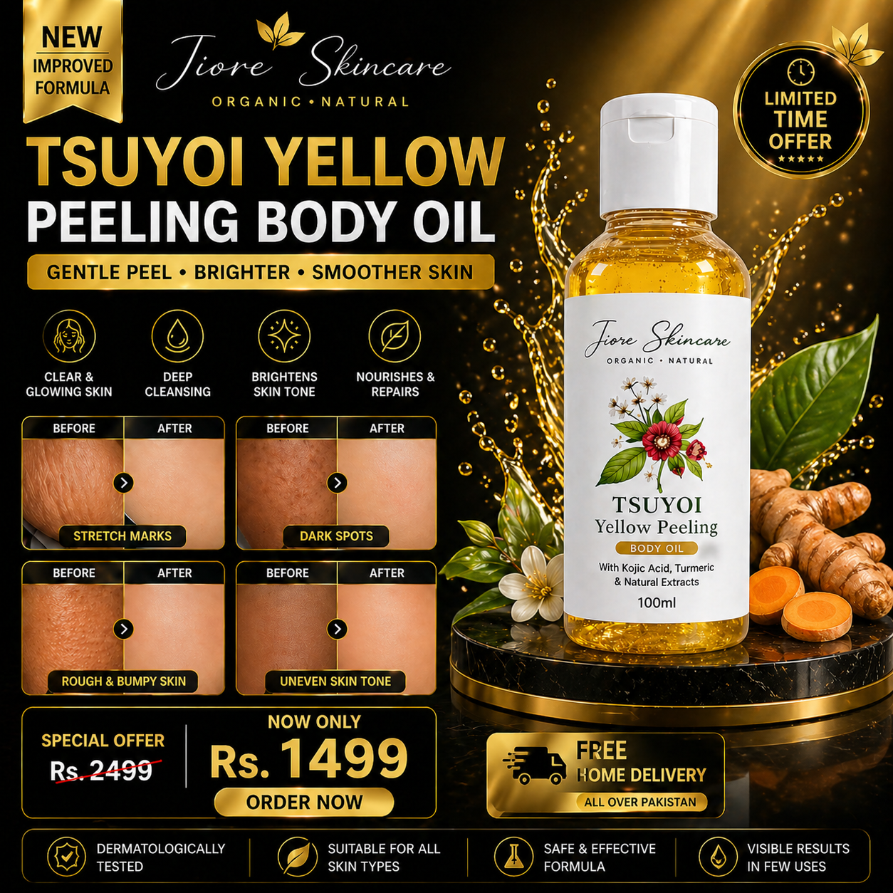 Jiore Tsuyoi Yellow Peel Body Oil – Skin Renewal & Brightening Formula